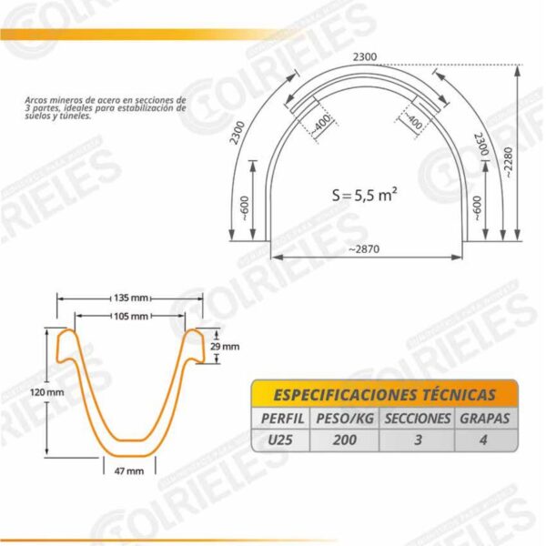 Arco Minero de Acero - 5.5 m² para Estabilización de Túneles