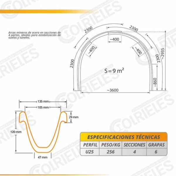 Arco Minero de Acero - 9 m² para Estabilización de Túneles